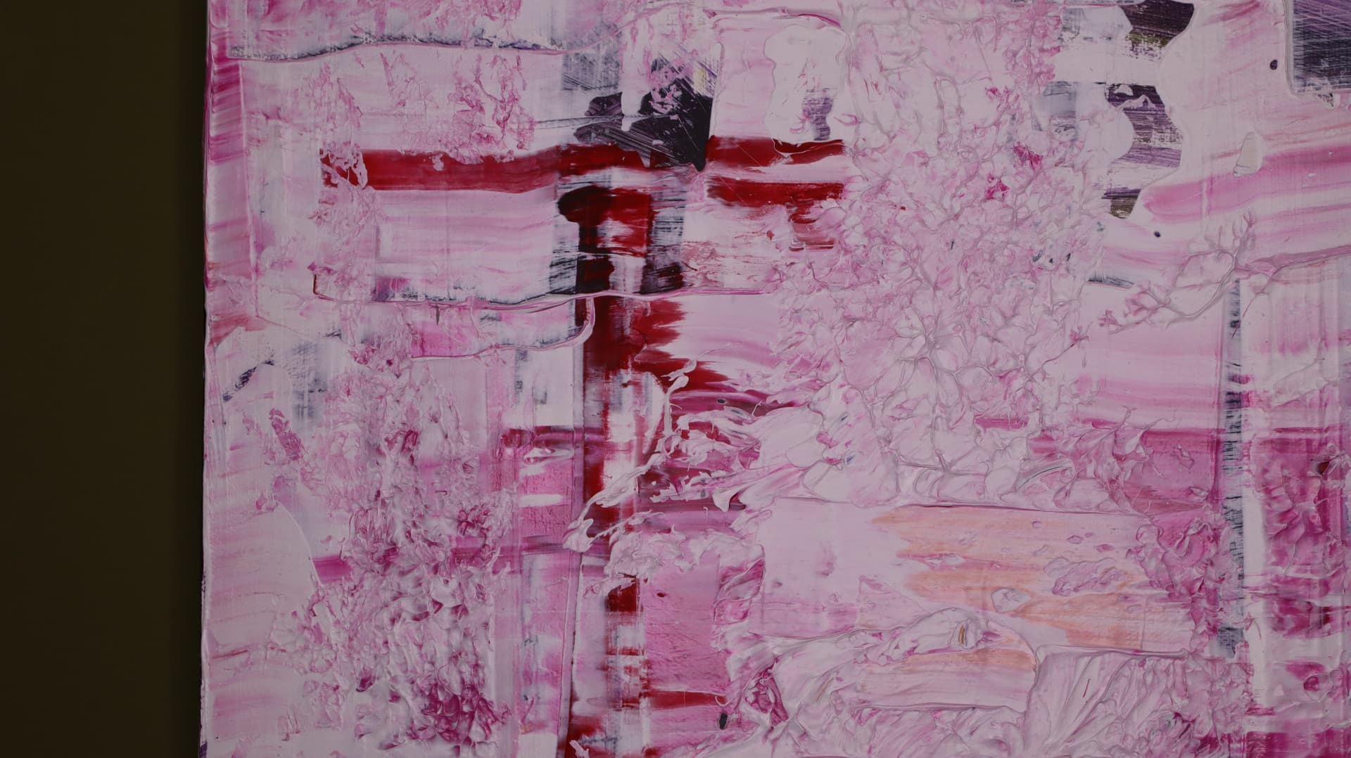 Blanche — close-up detail showing layered pink, peach and red marks