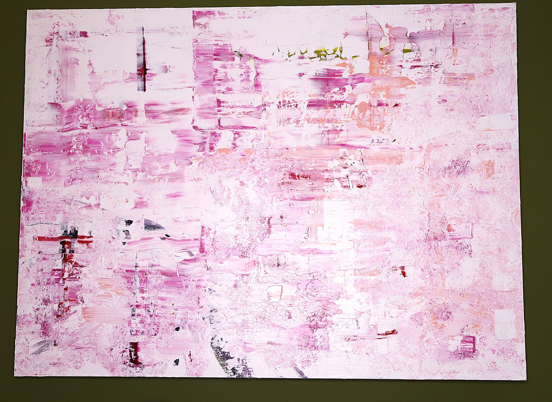 Blanche — soft pink and peach abstract with subtle red and black marks
