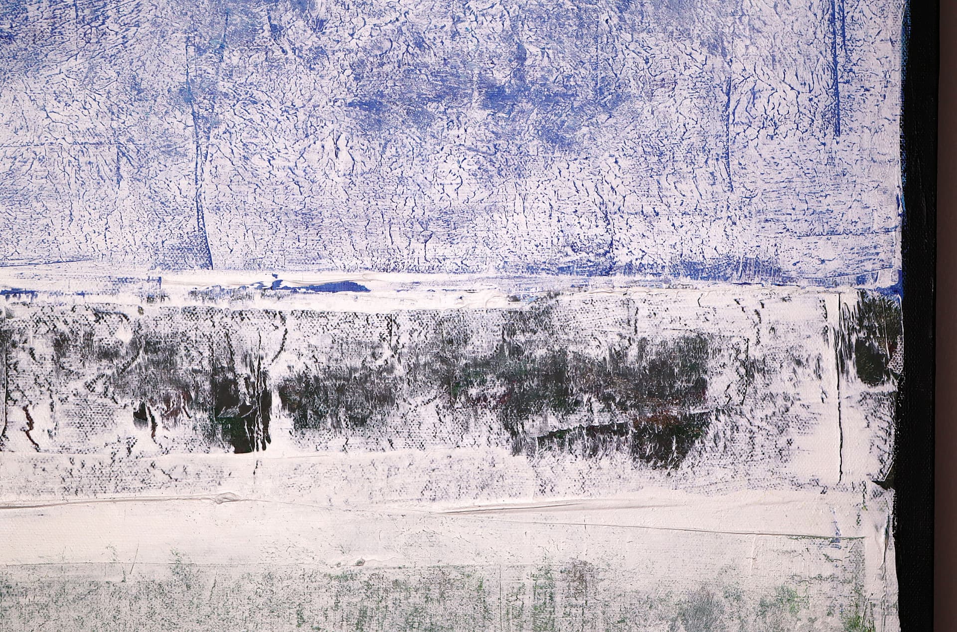 Summer — close-up detail of violet-blue and white cracked texture above a dark horizon band