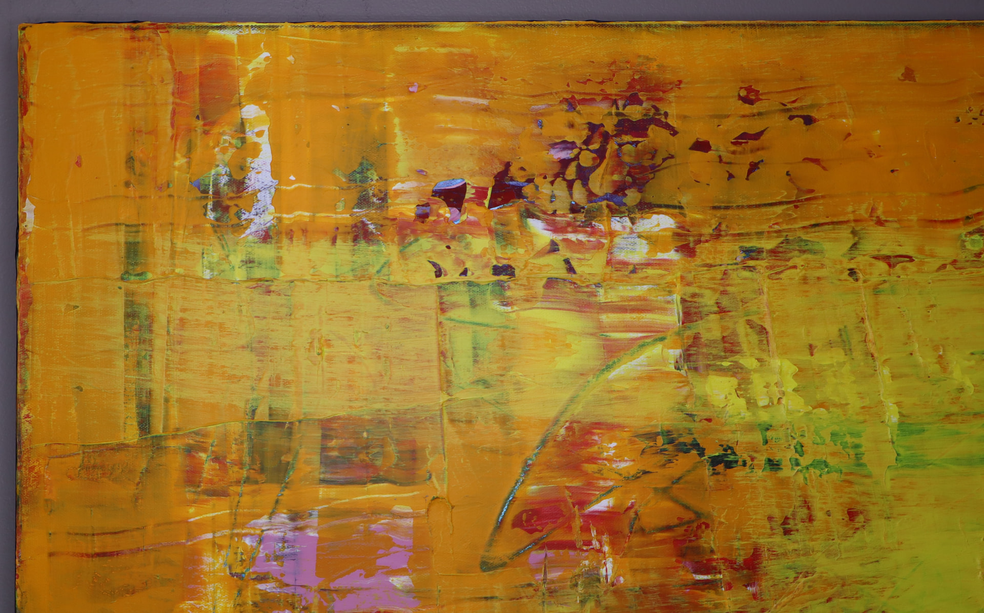 Spring Break — close-up detail of saturated orange, yellow, and lime layers with scraped texture