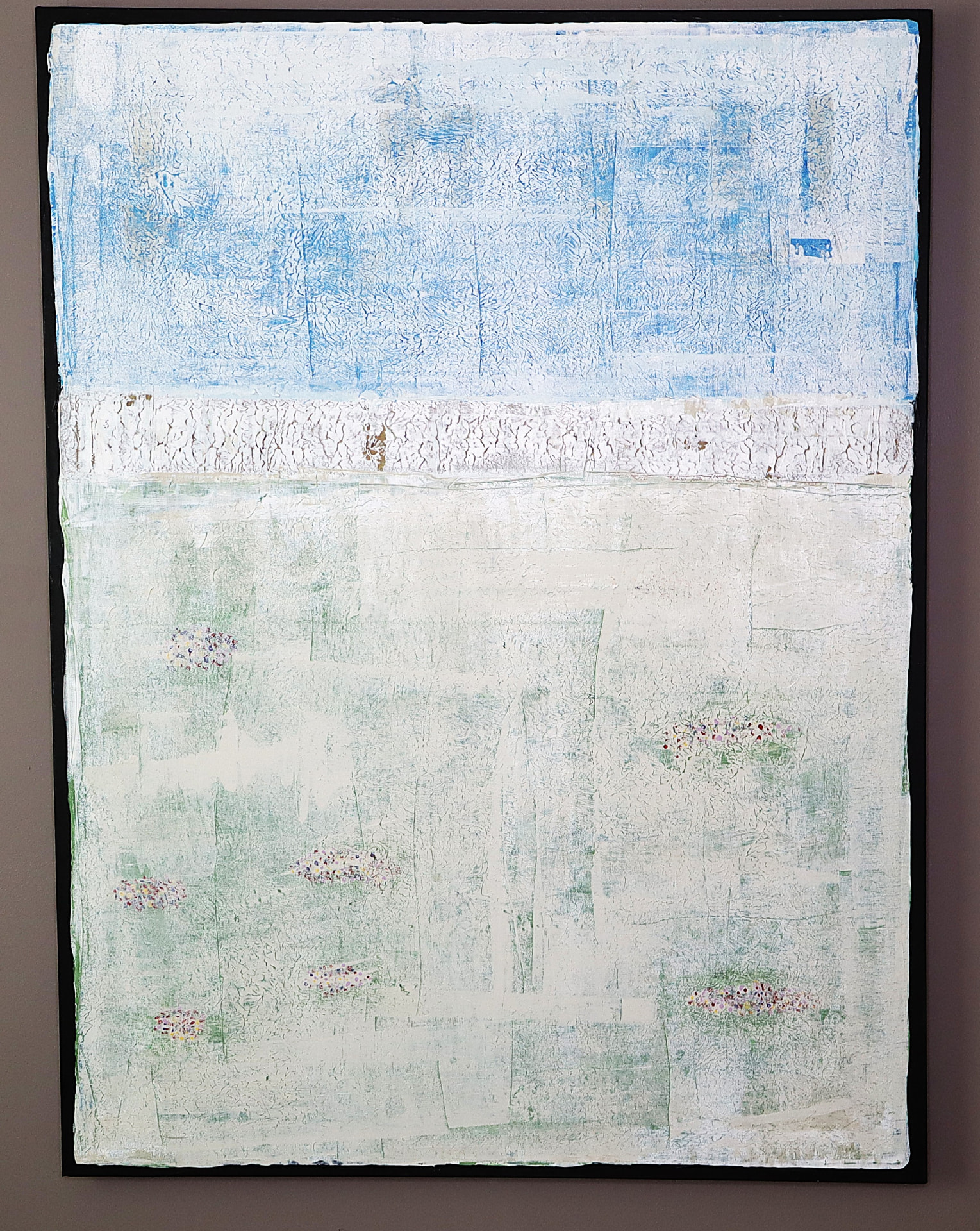 The Seasons — Spring: heavy blue-gray upper band above a warm ivory field
