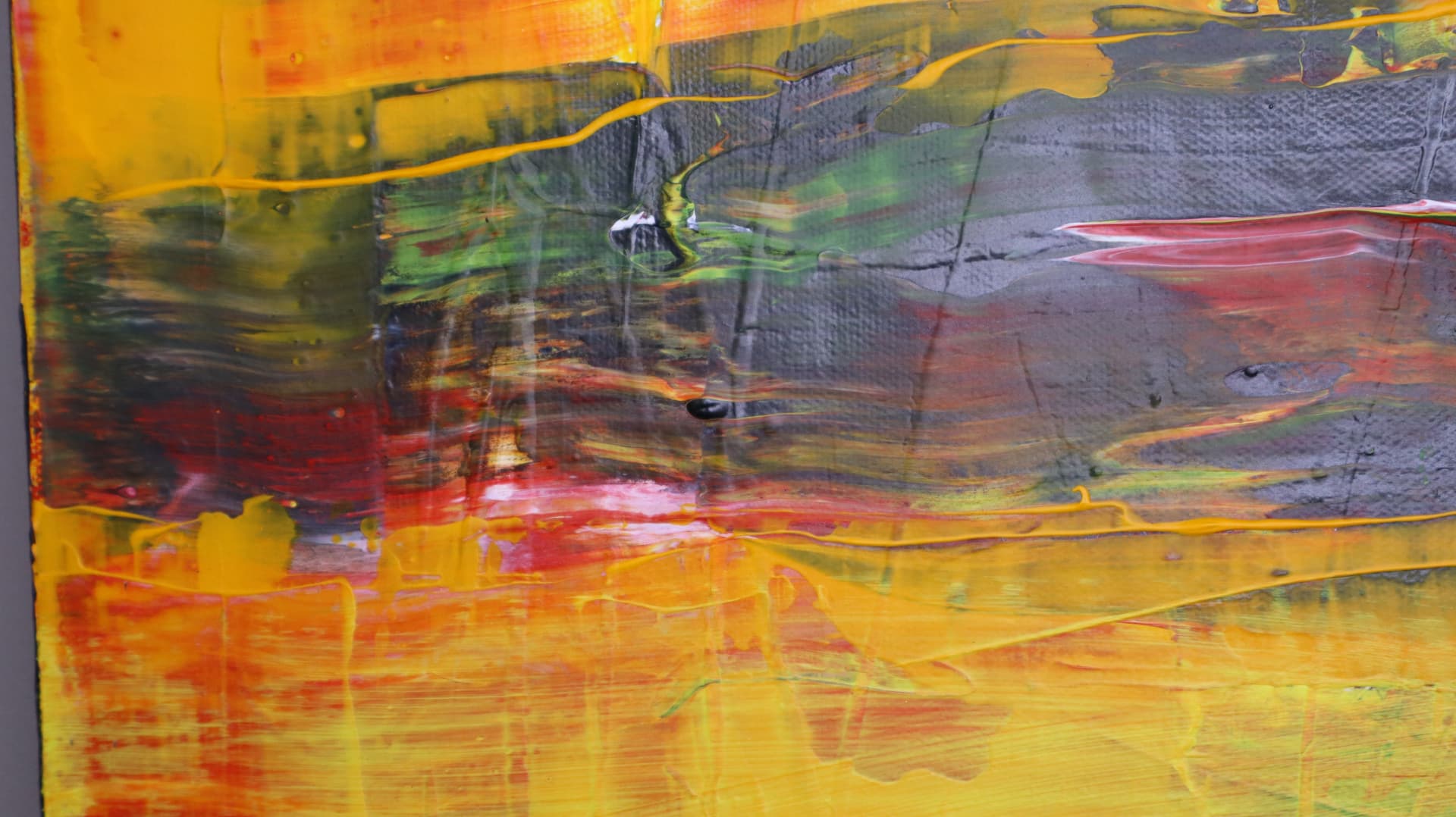 Spring Break — close-up detail of warm yellow, red, and gray passages with raised ridges