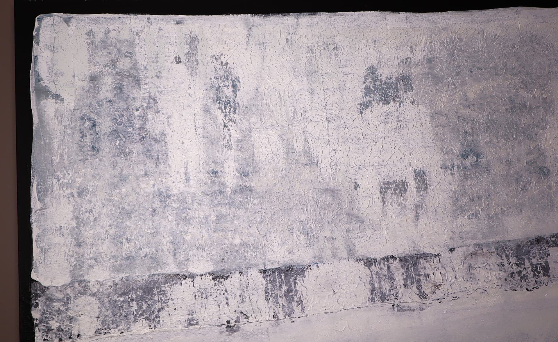 Winter — close-up detail of pale gray-white impasto, cool blue-gray passages, and a soft horizon