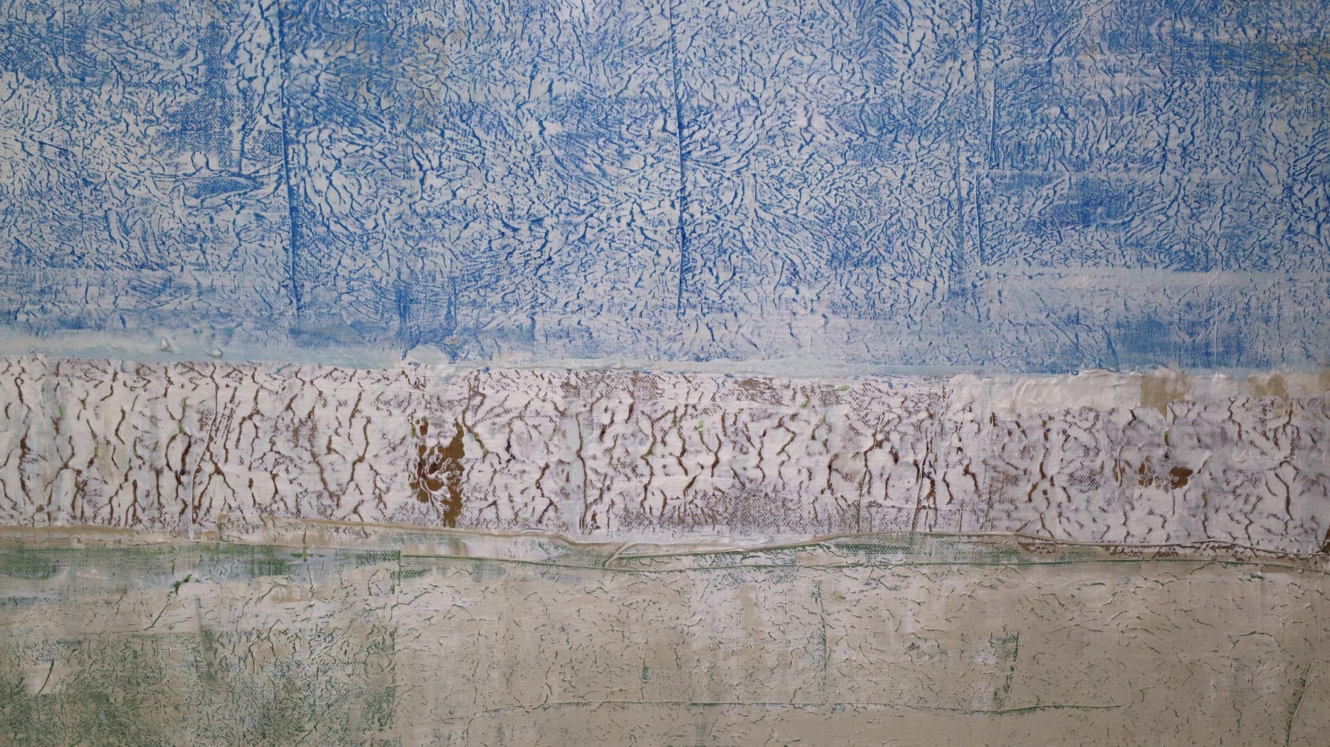 Spring — close-up detail of mottled blue, white, and sage textures with cracked earth-like passages
