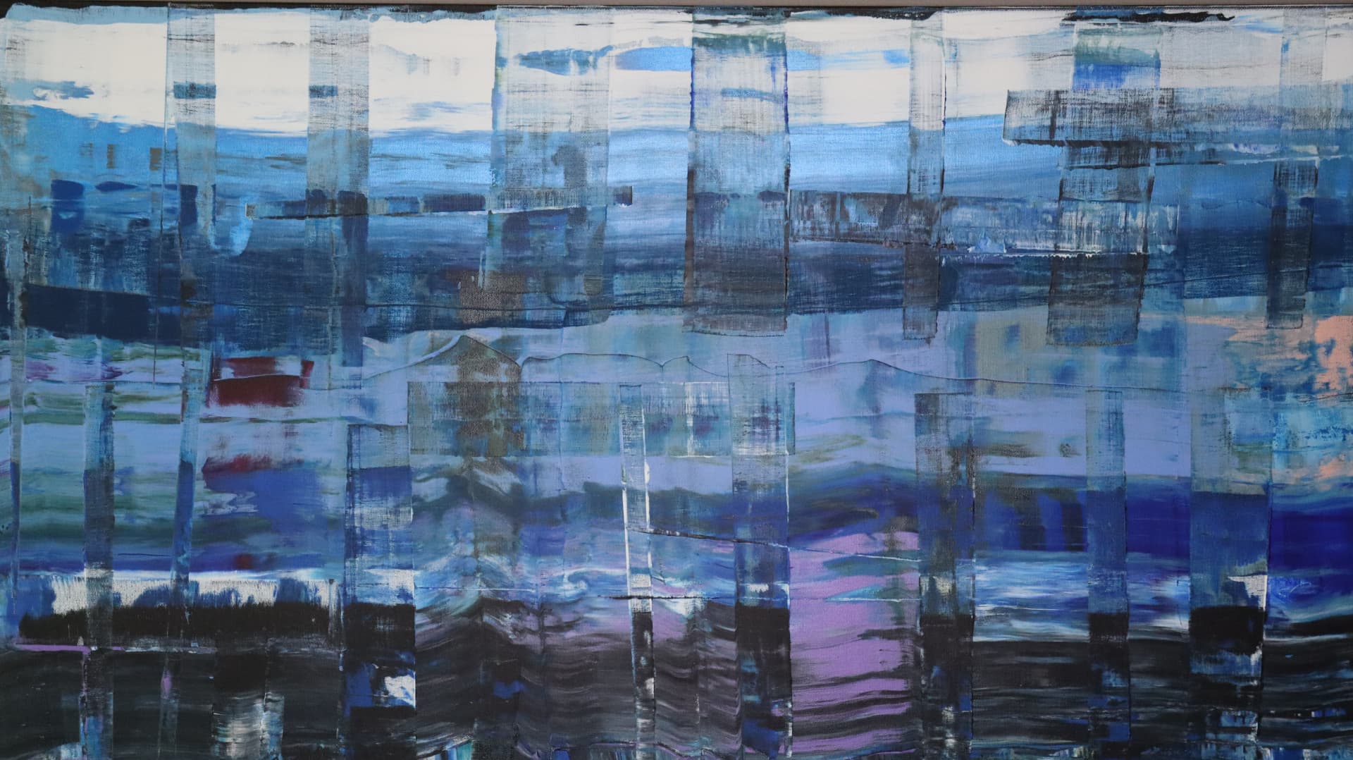 Jazz — close-up detail of layered blues, violets, and black bars with scraped texture
